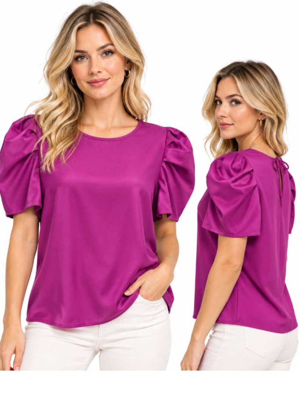 Purple Puff Sleeve Blouse Short Sleeve Size XXL Tie-Back Detail